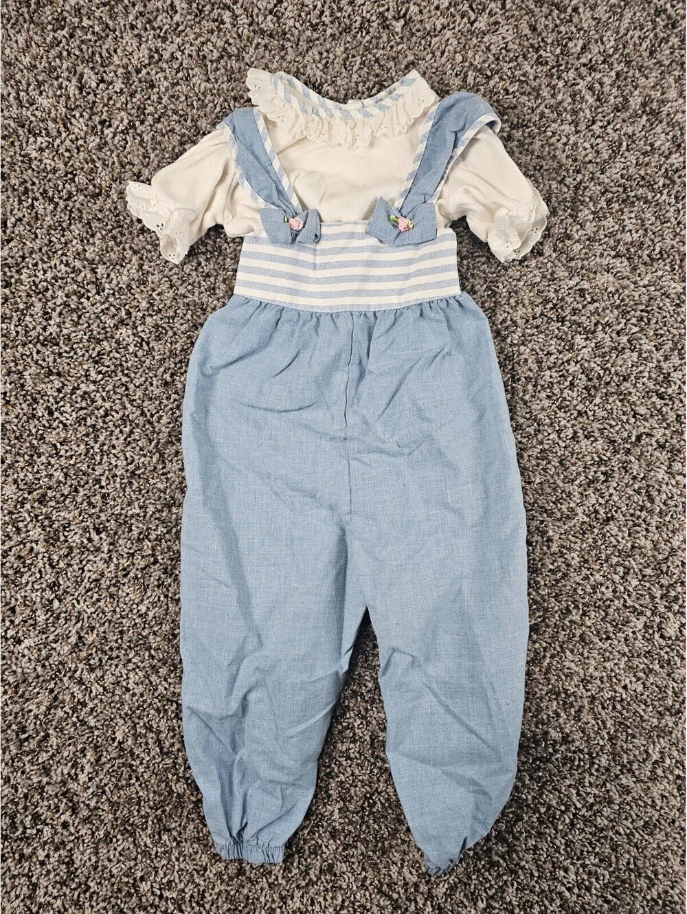 Vintage 1960s EVY Toddler Girls Sz 2T One Piece Outfit Light Blue White Jumpsuit